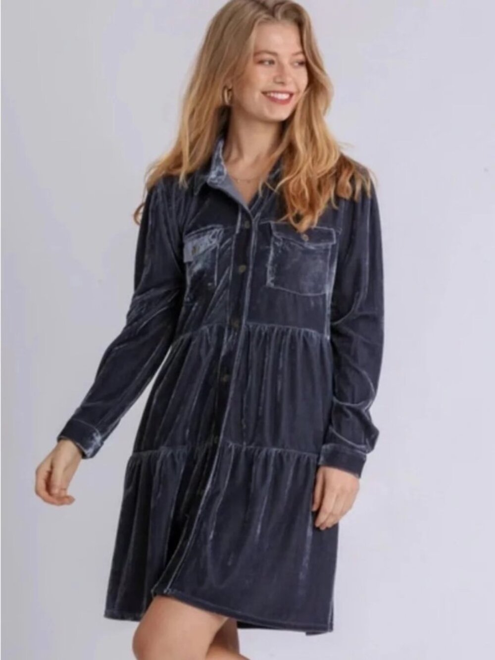 UMGEE Luxurious Velvet Long Sleeve Tiered Babydoll Style Shirt Dress W/Pockets M - Picture 2 of 9